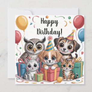 Cartão Ilustração de Festa Animal com Cachorrinhos e Gati