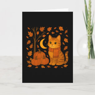 Cartão Ilustração de Gato de Outono Com Folhas Caindo Par
