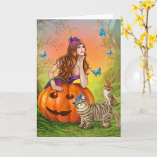 Cartão Ilustração de Halloween Uma bela bruxa com gatos