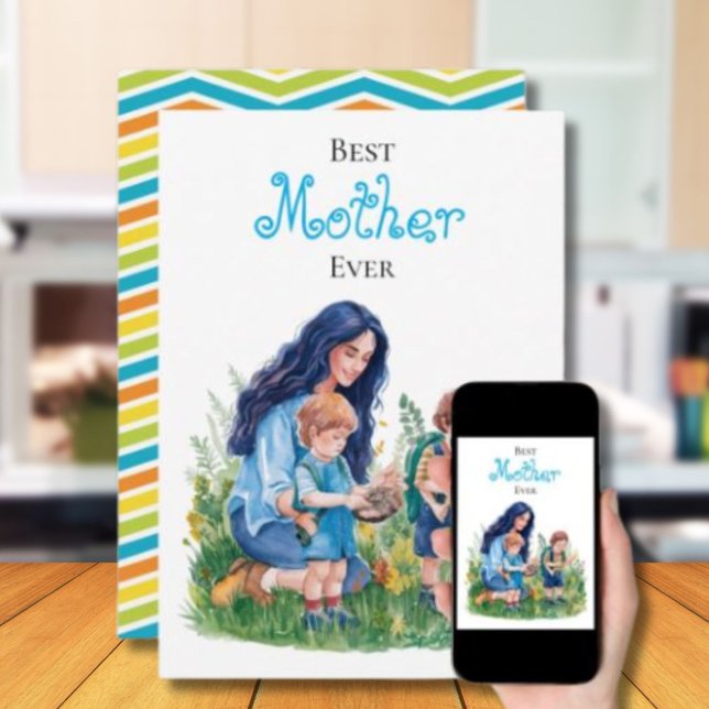 Cartão Ilustração de Jardim em Aquarela Mãe e Filhos (Criador carregado)