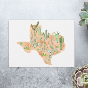 Cartão Ilustração de Mapa de Água e Cacto do Texas Plano