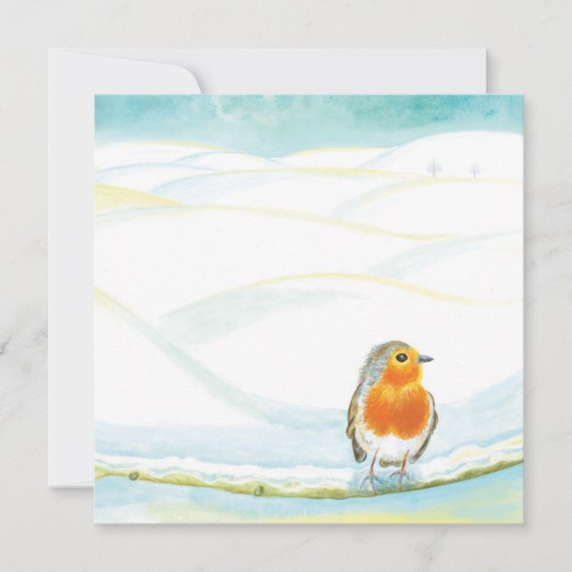 Cartão Ilustração de paisagem de inverno branco com robin (Frente)