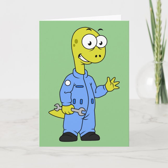 Cartão Ilustração De Um Mecânico Brontossauro. (Frente)