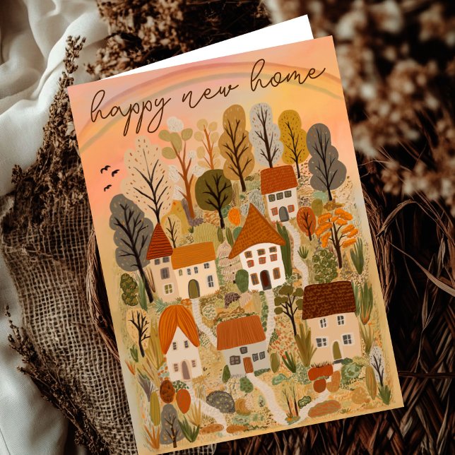 Cartão Ilustração de Vila de Campo de Outono de Nova Casa (HAPPY NEW HOME Congratulation on Moving to a New House Autumn Country Village Illustration Card
)