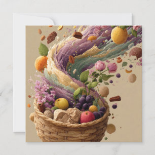 Cartão Ilustração Digital de Cesta de Frutas e Flores