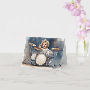 Cartão Ilustração em Aquarela de Menino Baterista em Bran