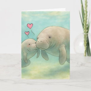 Cartão Ilustração em Aquarela de Peixe-Boi Mãe e Bebê –