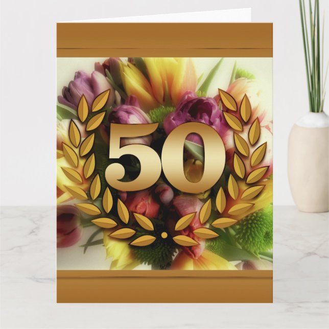 Cartão ilustração floral com moldura dourada de aniversár (Frente)