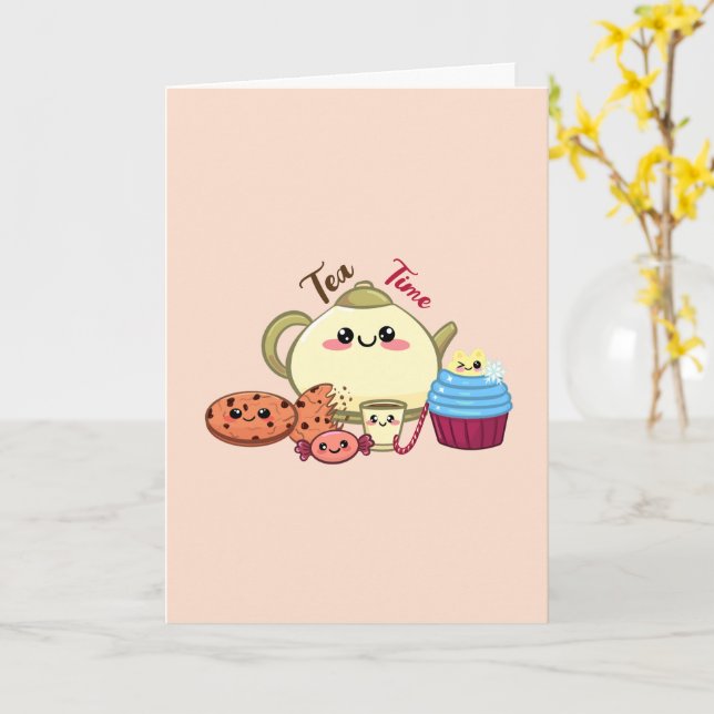 Cartão Ilustração Fofa e Kawaii de Hora do Chá e Doces (Flor Amarela)