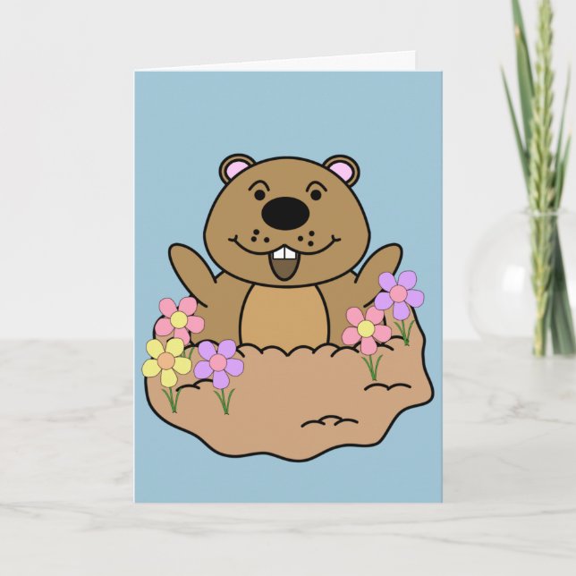 Cartão Ilustração Groundhog com flores (Frente)