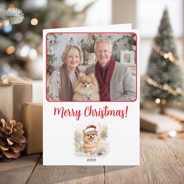 Cartão Ilustração Pomeraniana Aquarela Feliz Natal (Watercolor Pomeranian Illustration Merry Christmas Card)