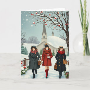 Cartão Ilustração Vintage Pessoas saindo da Igreja