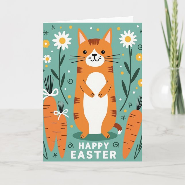 Cartão Ilustrado de Feliz Primavera com Gato (Frente)