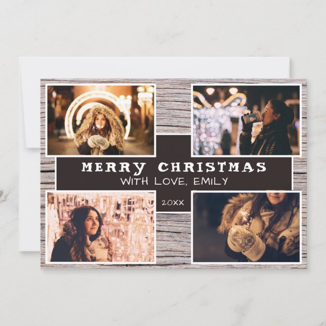 Cartão Imagem de Natal da Colagem de Fotos Rustic Wood 4 (Frente)
