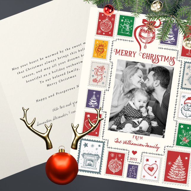 Cartão Imagem de Natal do Carimbo Retro Whimsical (Whimsical Retro Stamp Christmas Illustration Photo Holiday Greeting Card)