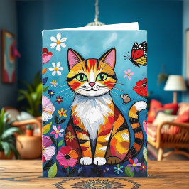 Cartão Impasto Cat, Flowers & Butterfly Birthday