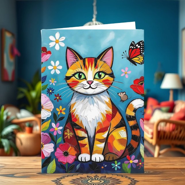 Cartão Impasto Cat, Flowers & Butterfly Birthday (Criador carregado)