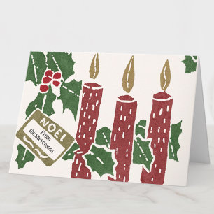Cartão Impressão de Natal Vintage em Linóleo Velas Saudaç