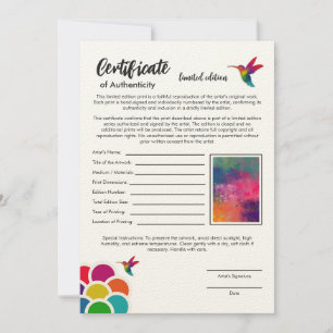 Cartão Impressão do Certificado de Autenticidade Limited 