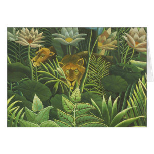 Cartão Impressão Vintage de Leão na Selva Tropical de Hen