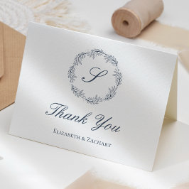 Cartão Indigo Blue Monograma Wreath Casamento Obrigado