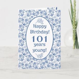 Cartão Indigo Blue on White Floral 101st Birthday Card