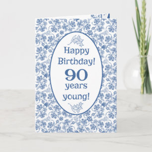 Cartão Indigo Blue on White Floral 90th Birthday Card