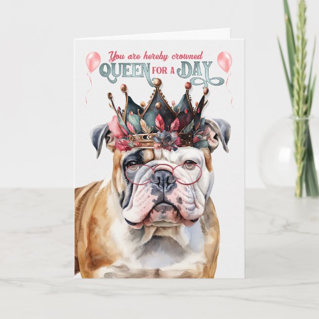 Cartão Inglês Buldog Queen para um dia feliz aniversário (Frente)