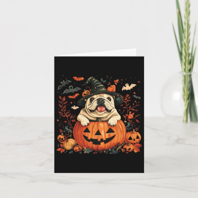 Cartão Inglês Bulldog Pumpkin Halloween Homens de Ação de (Frente)