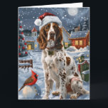 Cartão Inglês Setter Winter Wonderland Natal Joy<br><div class="desc">Este design festivo captura o espírito alegre da época de férias, apresentando um adorável filhote vestindo um chapéu de Papai Noel. O cachorro está aninhado numa terra maravilhosa de inverno, completo com um boneco de neve, uma árvore de Natal decorada, e presentes lindamente envoltos. Os flocos de neve caem suavemente,...</div>