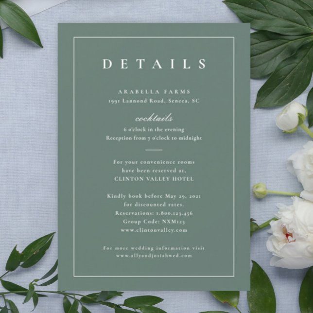 Cartão Inserir Detalhes do Casamento Verde do Sage (Simple typography sage green wedding invitation details enclosure card.)