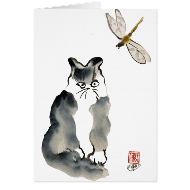 Cartão Inseto intragável [libélula] e gatinho cinzento (Frente)