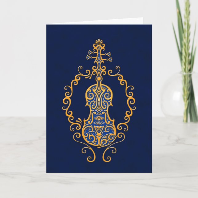 Cartão Intrair Design de Violino Azul-Ouro (Frente)