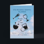 Cartão Invitation to a Cocktail Party Greeting Card<br><div class="desc">This card is a slightly humorous invitation to attend a cocktail party, sent by a friend. The front the card depicts partially empty glasses raining from the sky, and then invites the guests to come in out of the "rain". The inside of the card invites the guests to "fill'er up"...</div>