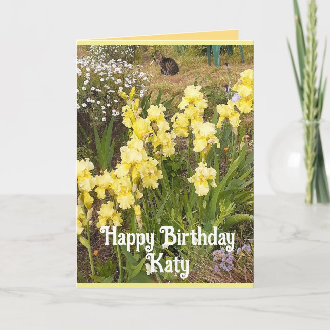 Cartão Iris Amarelo e Tabby Cat Flowday Card (Frente)