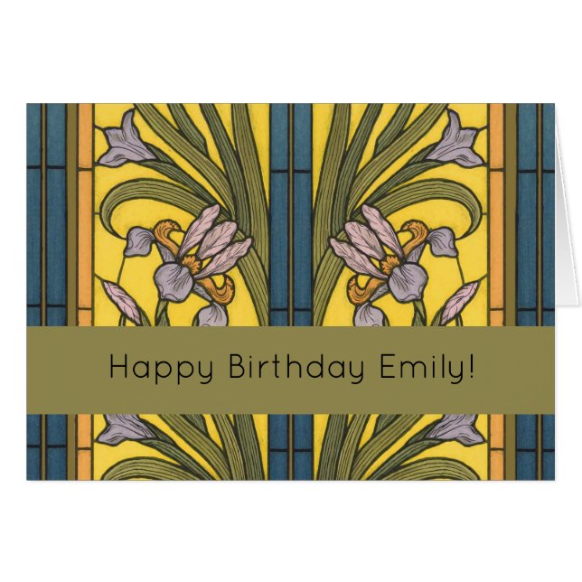 Cartão Iris Flower Art Nouveau Vidro Estampado Azul Doura (Frente Horizontal)