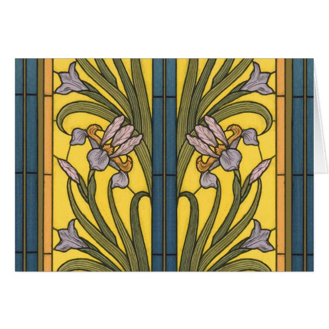 Cartão Iris Flower Art Nouveau Vidro Estampado Azul Doura (Frente Horizontal)