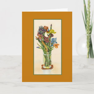 Cartão Irises no aniversário da pintura Vase Watercolor