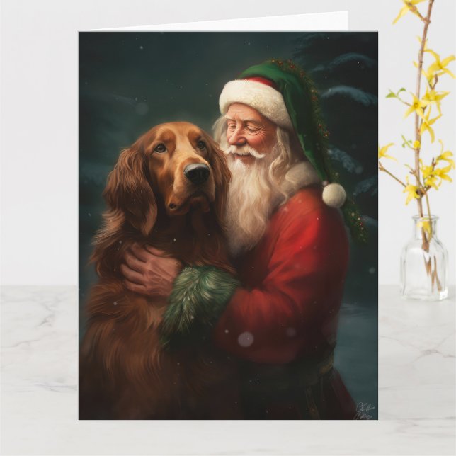 Cartão Irish Red Setter Papai Noel Natal Festivo (Flor Amarela)
