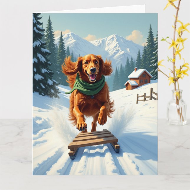 Cartão Irish Setter Sledding Adventure Christmas Painting (Flor Amarela)