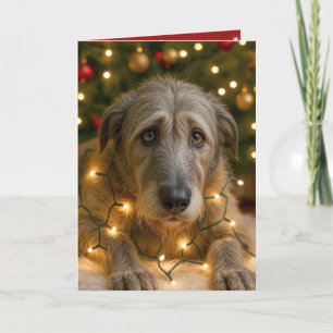 Cartão Irlandês Wolfhound Enroscado Em Luzes De Festa