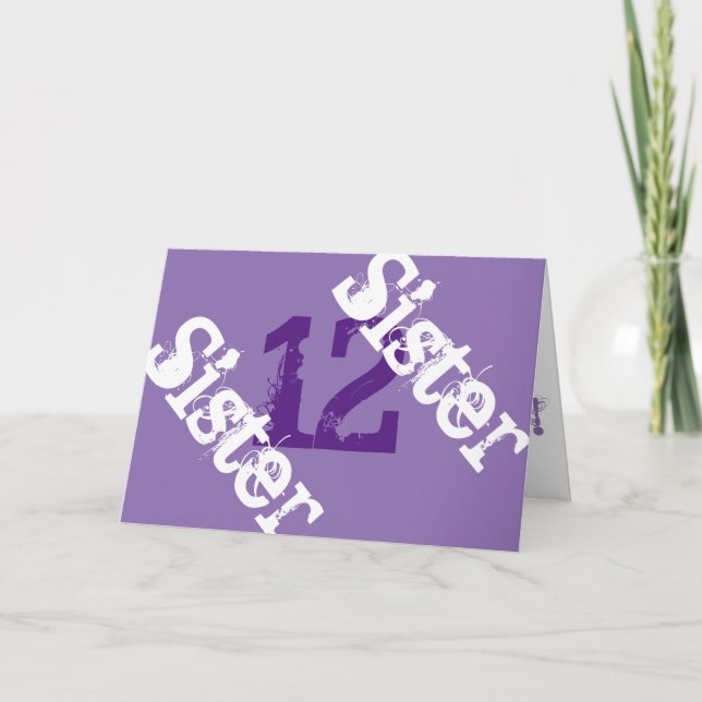 Cartão Irmã, 12, branco em roxo. (Frente)