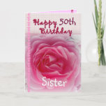 Cartão IRMÃ - 50th aniversário feliz - rosa do rosa<br><div class="desc">Este cartão com sua guarnição cor-de-rosa cor-de-rosa e do guingão é uma maneira doce de desejar a sua irmã o feliz aniversario! Você pode adicionar seu nome (apenas a necessidade do adicionar uma vez, ele aparecerá três vezes no cartão - na parte dianteira, dentro de, e traseiro) e adicionar sua...</div>