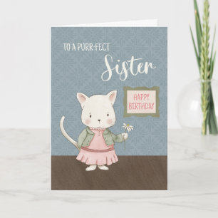 Cartão Irmã Aniversário Gatinho em uma Flor de Vestido
