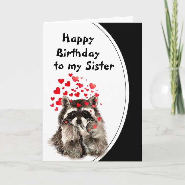 Cartão Irmã Birthday Hugs & Kisses Raccoon Animal Card (Frente)