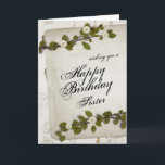 Cartão Irmã de madeira branca do feliz aniversario<br><div class="desc">Um cartão bonito com as flores brancas pequenas no ramo bonito da folha.</div>