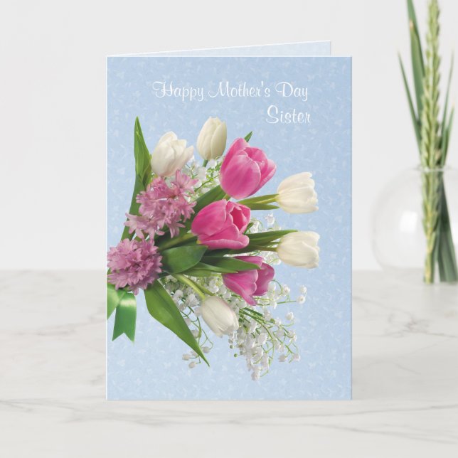 Cartão Irmã, Dia de as mães com flores de primavera. (Frente)