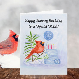 Cartão Irmã Feliz Aniversário de Janeiro Cardeal com Bolo