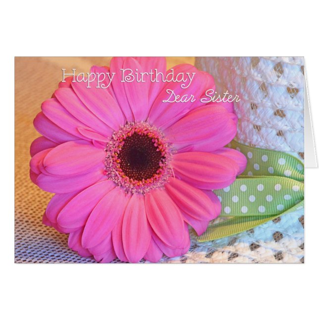 Cartão Irmã Feliz Aniversário Pink Daisy Card (Frente Horizontal)