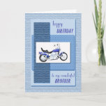 Cartão Irmão, aniversário da bicicleta do motor<br><div class="desc">Um ciclo de motor azul em um fundo azul abstrato. A parte dianteira diz "o feliz aniversario a meu irmão maravilhoso". Um grande cartão para um irmão que seja um entusiasta da bicicleta do motor. As texturas na parte dianteira deste cartão são imprimidas.</div>